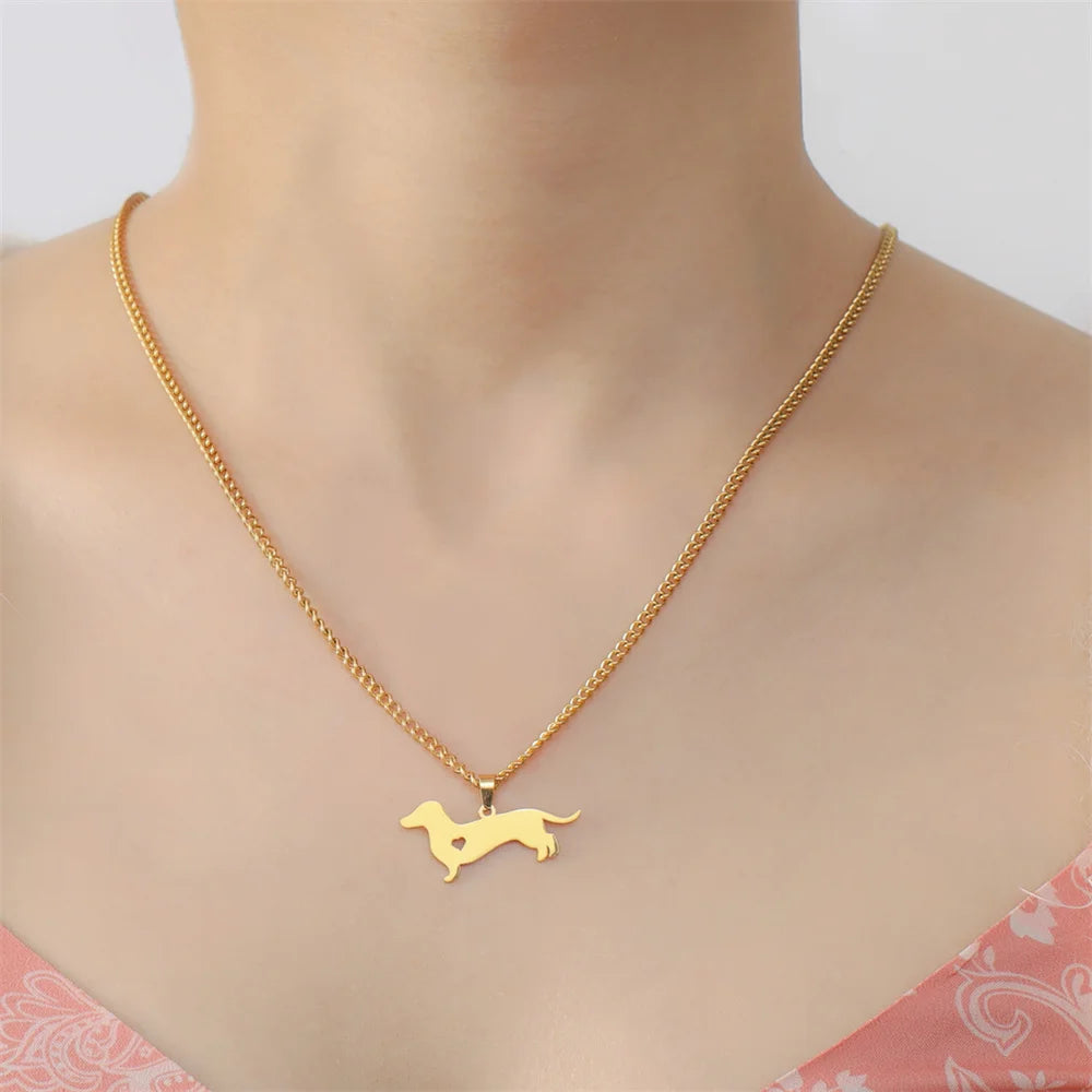 45+5 cm Stainless Steel Pendant Necklace Dachshund Dog Cutout Heart - 4 Options