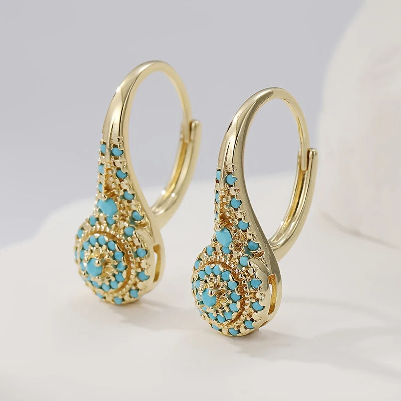 Bohemia Style Gorgeous Inlaid Blue Turquoise Golden Alloy Earrings