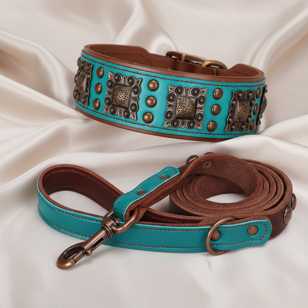 100% Leather Wide Collar Leash Set for Large Dogs - BOLD, STYLISH, VINTAGE