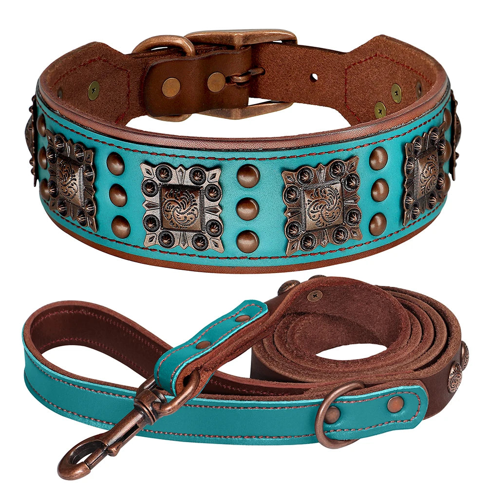 100% Leather Wide Collar Leash Set for Large Dogs - BOLD, STYLISH, VINTAGE