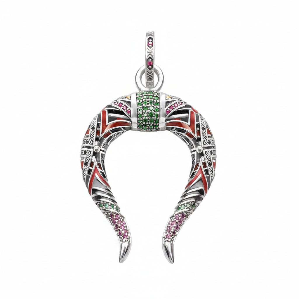 Chinese Dragon Horseshoe Pendant in 925 Sterling Silver with Colorful Zircons