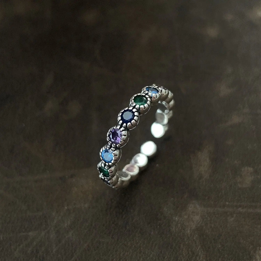 925 Sterling Silver Multicolor CZ Flower Adjustable Ring
