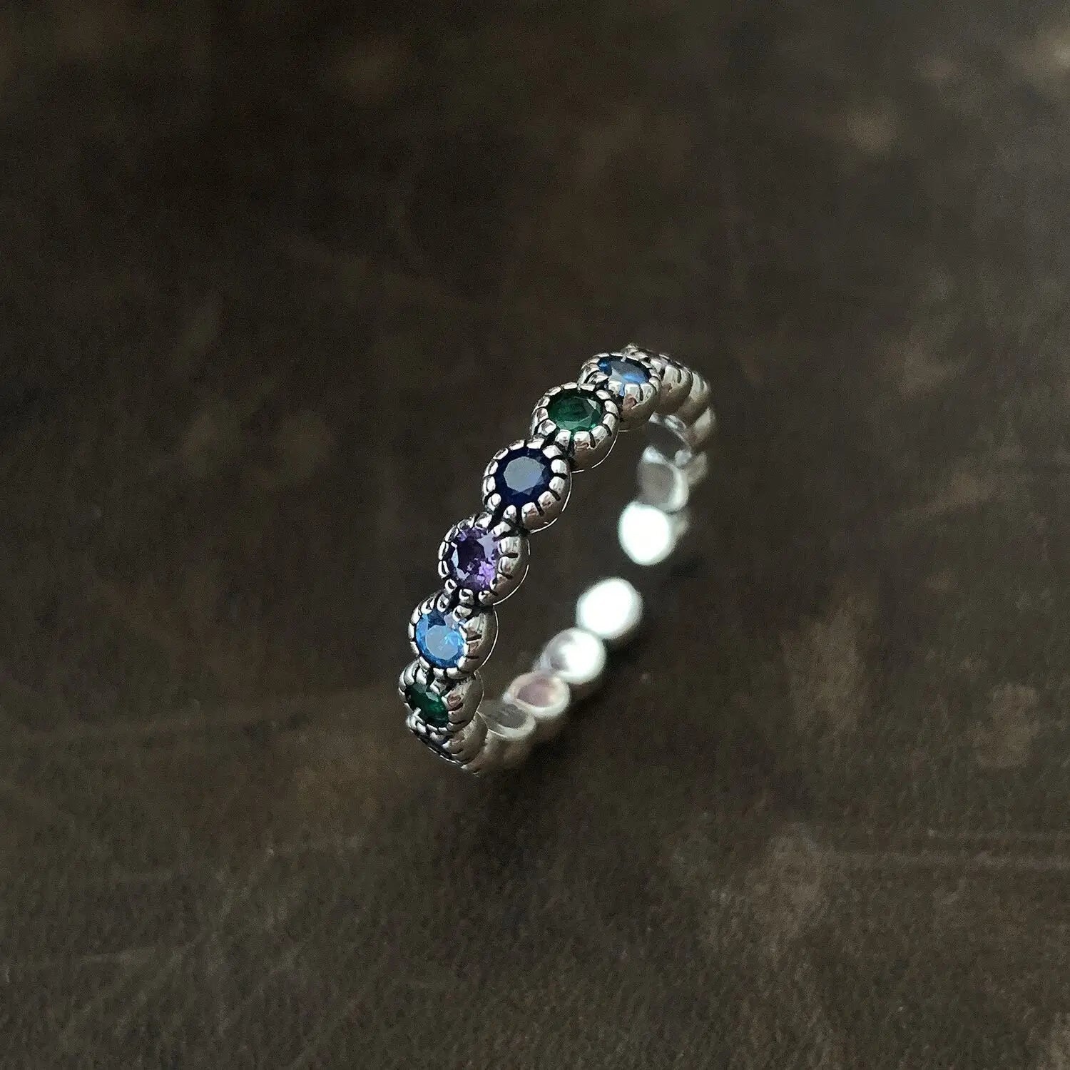 925 Sterling Silver Multicolor CZ Flower Adjustable Ring