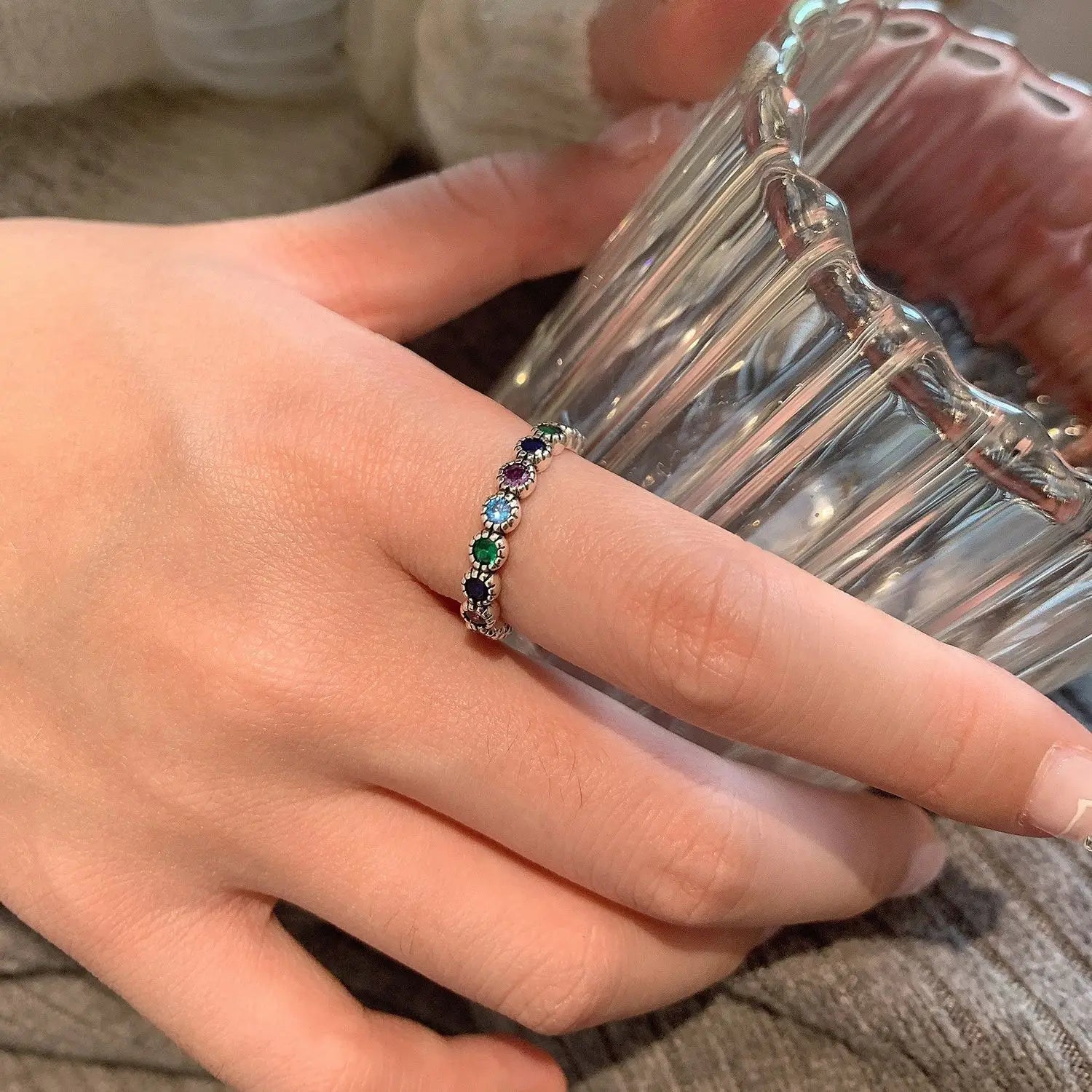 925 Sterling Silver Multicolor CZ Flower Adjustable Ring