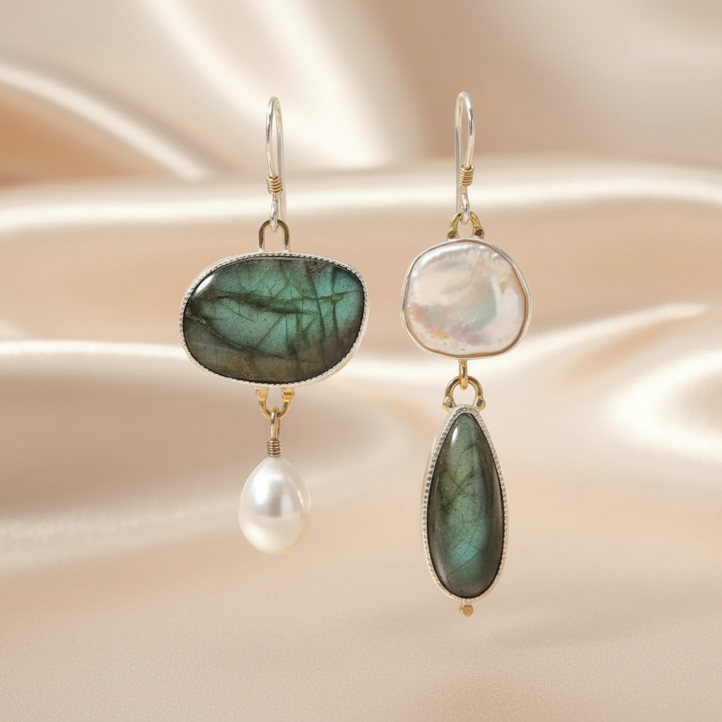 Asymmetric Faux Pearl Oval Green Stone Zinc Alloy Earrings