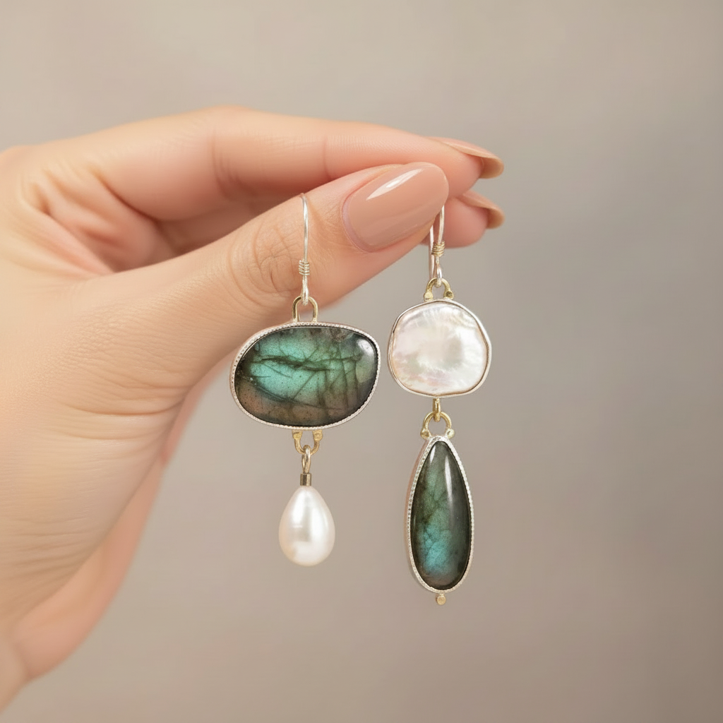 Asymmetric Faux Pearl Oval Green Stone Zinc Alloy Earrings