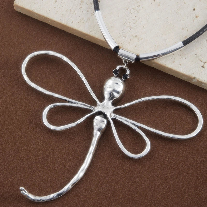 Bold Boho Style Silver Dragonfly Alloy Pendant on Long Cord Choker Necklace