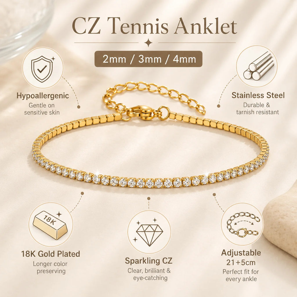 18K Gold Plated Stainless Steel Cubic Zirconia Tennis Anklet