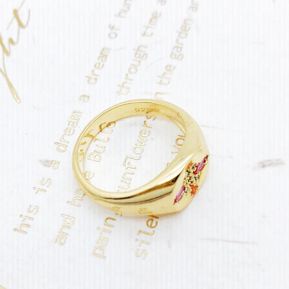 Gold Plated Colorful Stamp Ring in 925 Sterling Silver with Zircon Stones