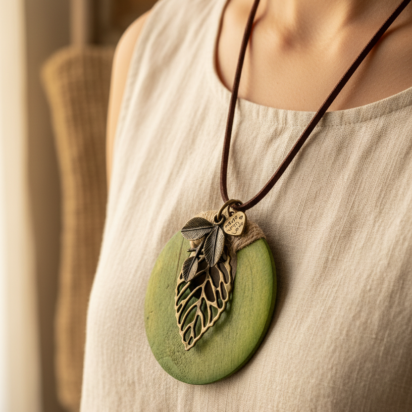 Leather Cord Necklace with Round Wood Leaf Pendant