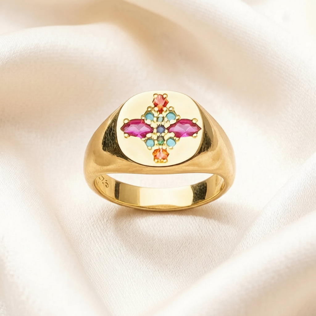 Gold Plated Colorful Stamp Ring in 925 Sterling Silver with Zircon Stones