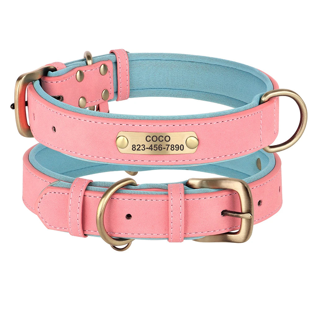 Soft Faux Leather Adjustable Dog Collar - Customize, Engrave, Name Tag, ID Necklace
