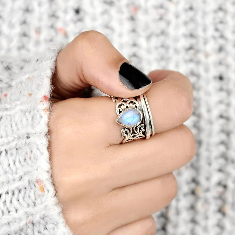 Moonstone Zircon Ring in Thick Copper Bezel Setting - Antique Inspired, Dreamy, Goth, Fantasy