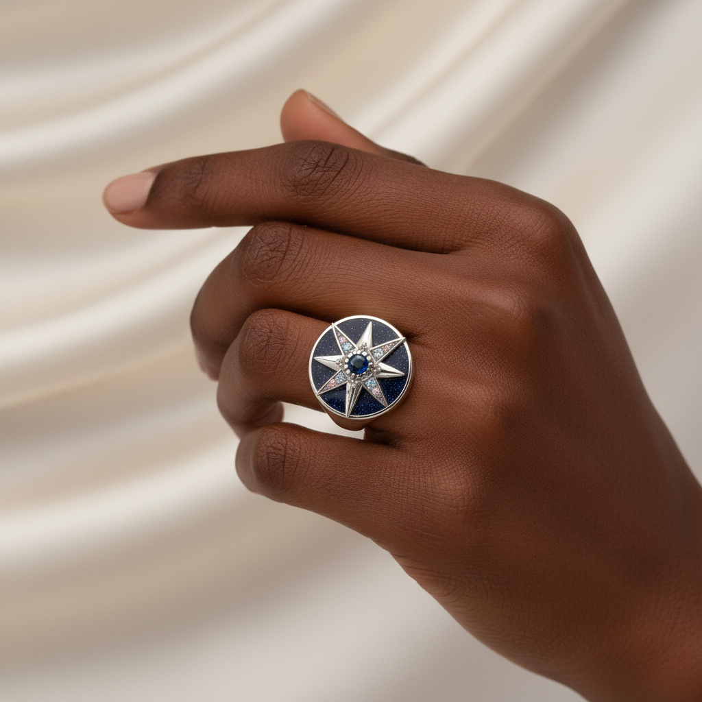 Golden Royalty Star Stamp Ring In 925 Sterling Silver with Zircon Stones