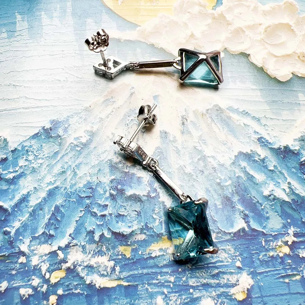 Square Aquamarine Stud Earrings In 925 Sterling Silver with Cubic Zirconia