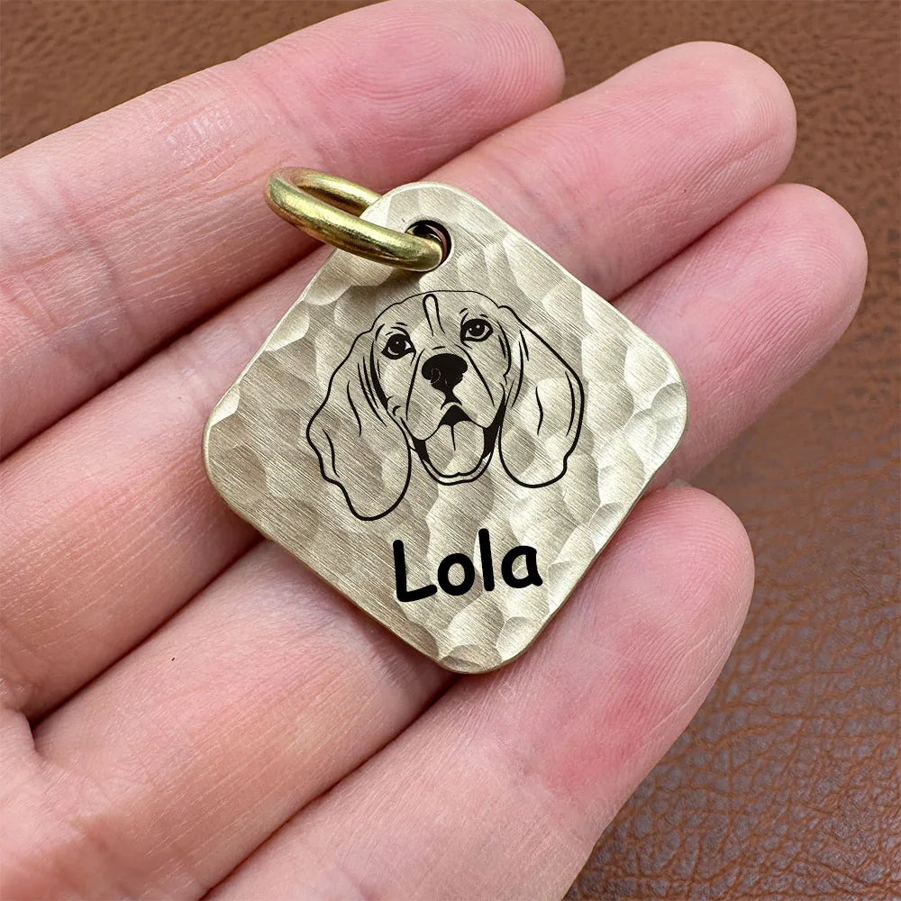 Hand Hammered Square Brass Dogs ID Name Tag Customizable Engravable
