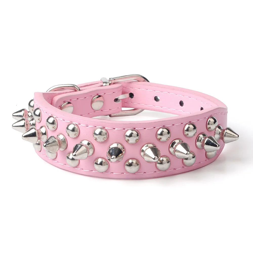 Faux Leather Dog Collar with Spikes - Anti-Bite Rivets, Cool, Attention