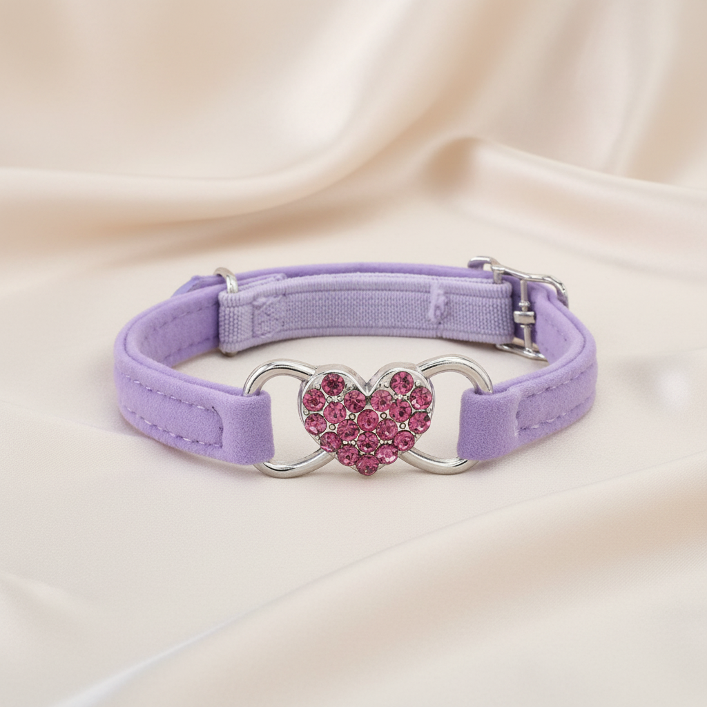 Velvet Cat & Small Dog Collar with Rhinestones Heart & Bell - Adjustable, Adorable