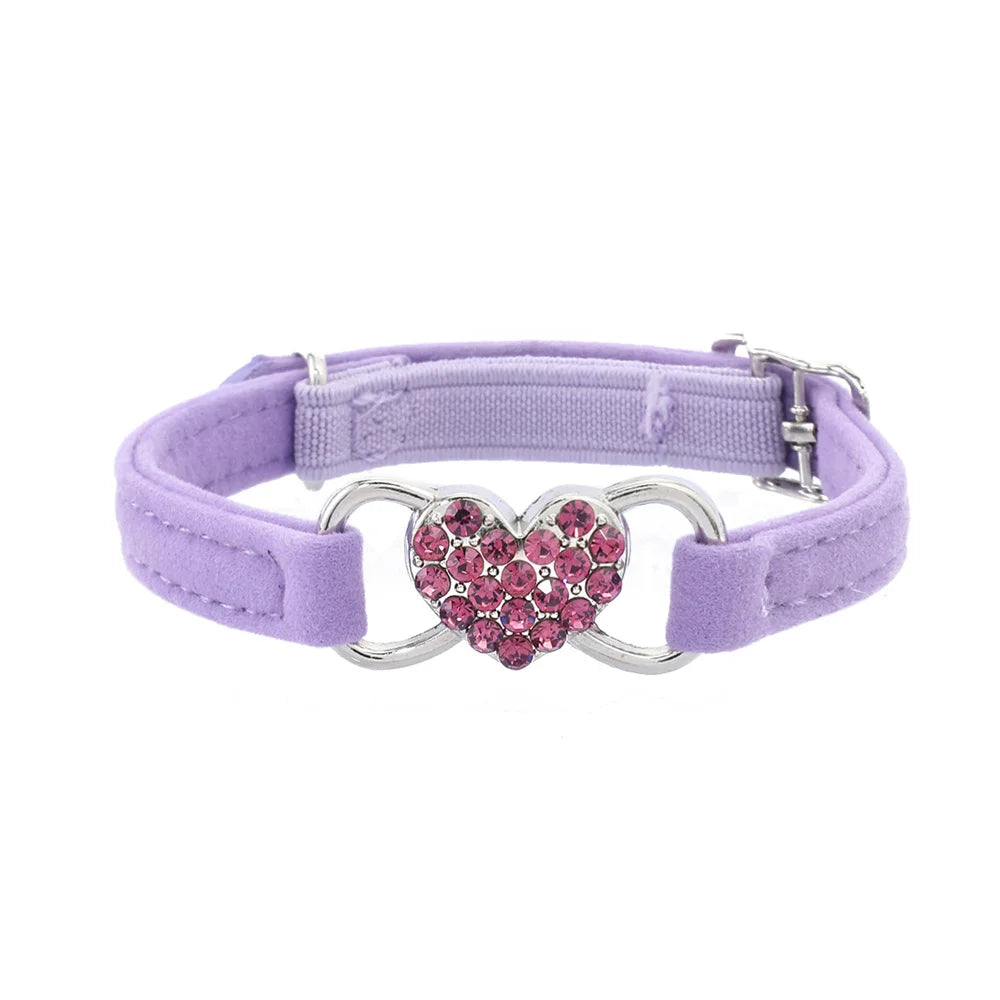 Velvet Cat & Dog Collar with Rhinestones Heart & Bell - Adjustable, 1 cm Wide, Adorable