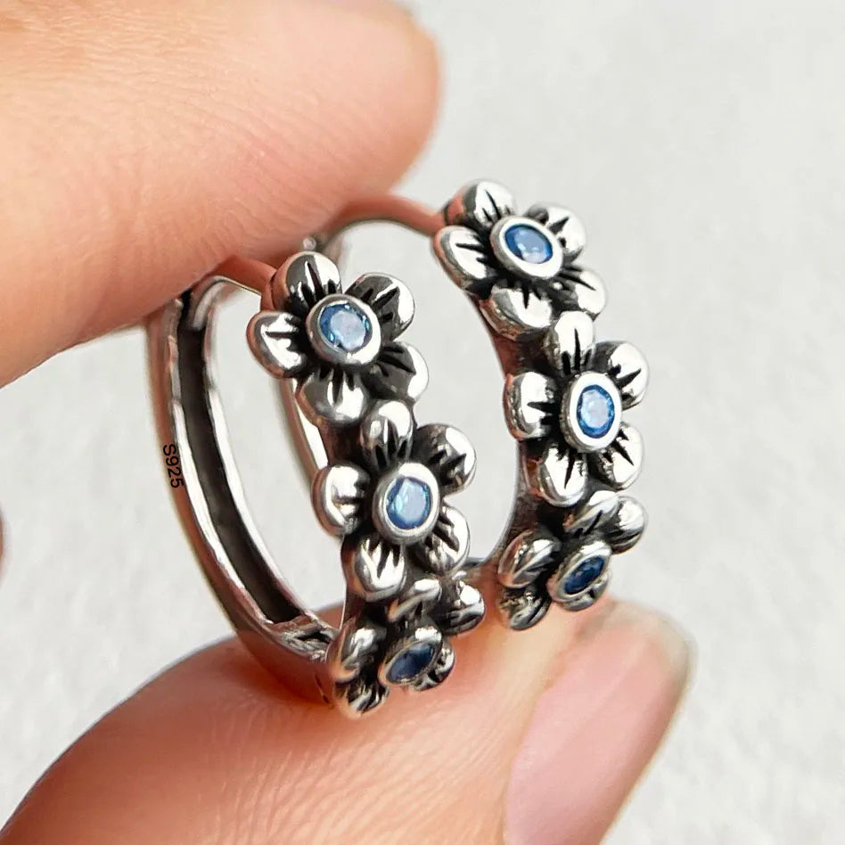 Blackened 925 Sterling Silver Blue CZ Flower Hoop Earrings