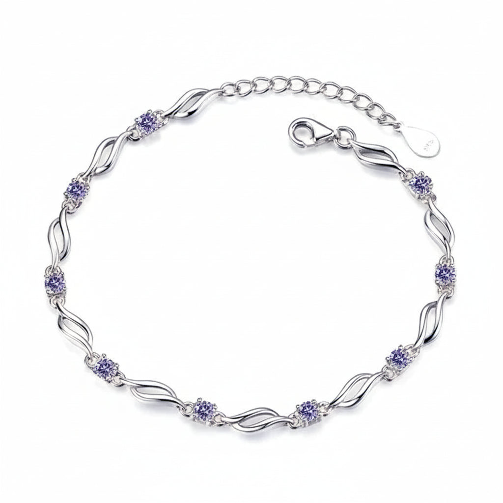 Chain Bracelet in 925 Sterling Silver with Clear or Purple Cubic Zirconia