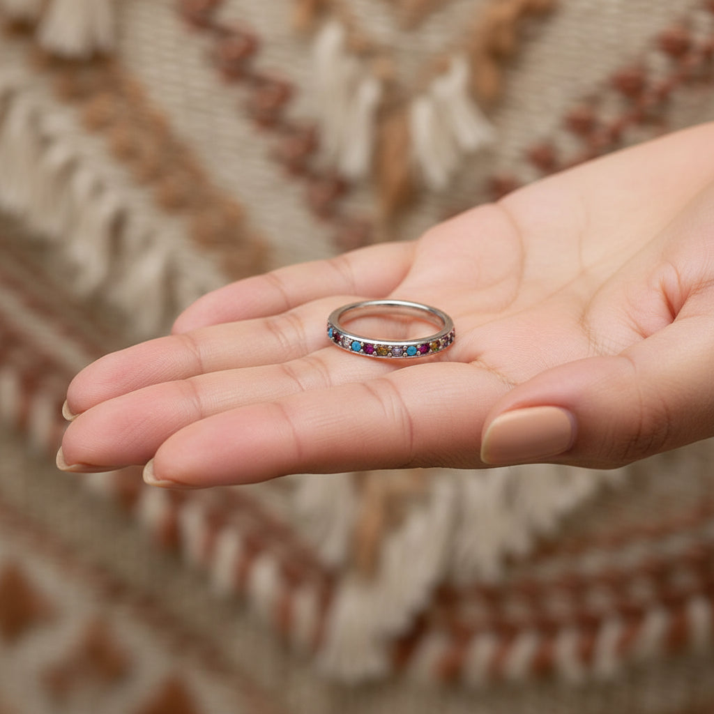 Channel Band Ring in 925 Sterling Silver with Colorful Zircons
