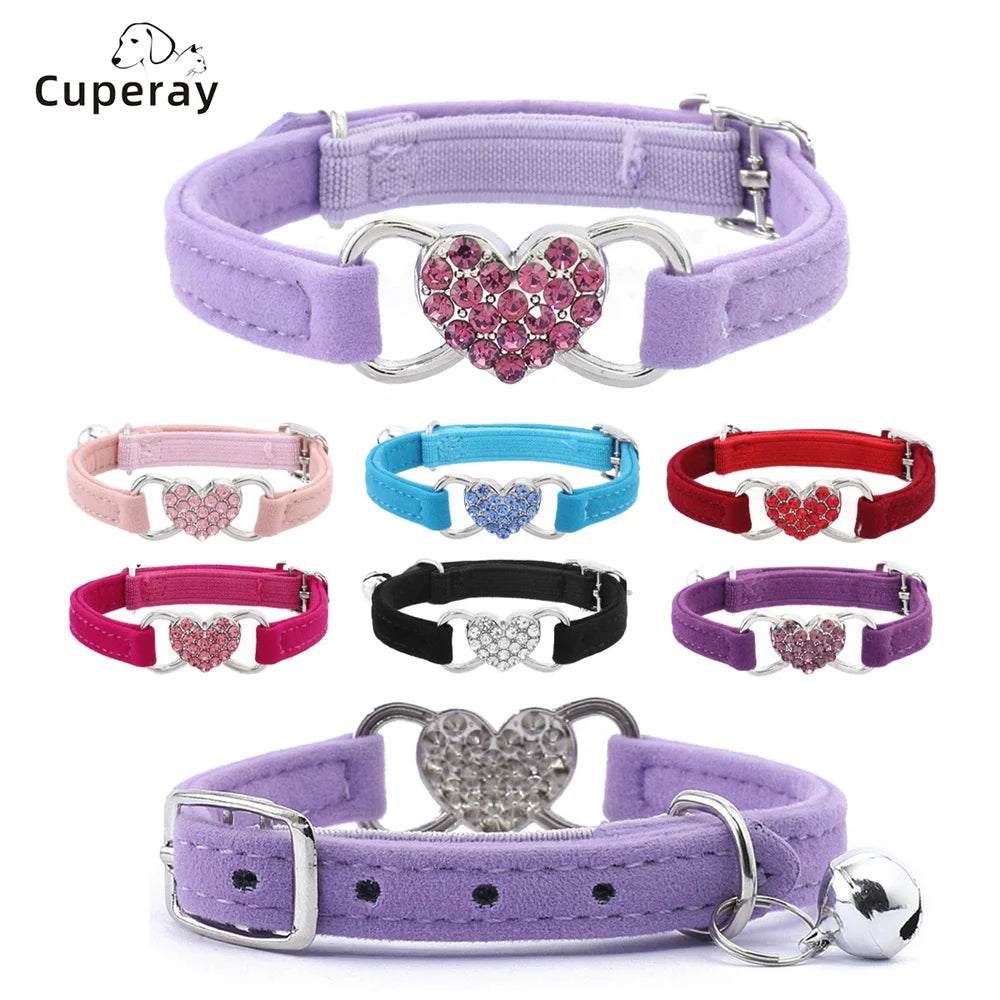 Velvet Cat & Dog Collar with Rhinestones Heart & Bell - Adjustable, 1 cm Wide, Adorable