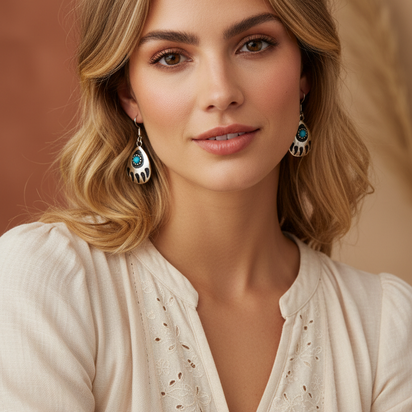 Bohemian Creative Turquoise Water Drop Pear Shaped Bear Claw Alloy Earrings