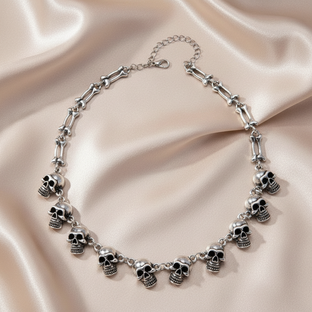 Gothic Style Multiple Skull Connected Choker Zink Alloy Necklace