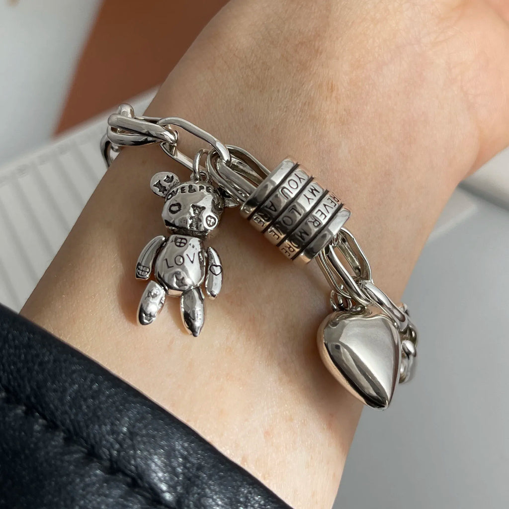 Solid 925 Sterling Silver Charm Bracelet Heart Teddy Love