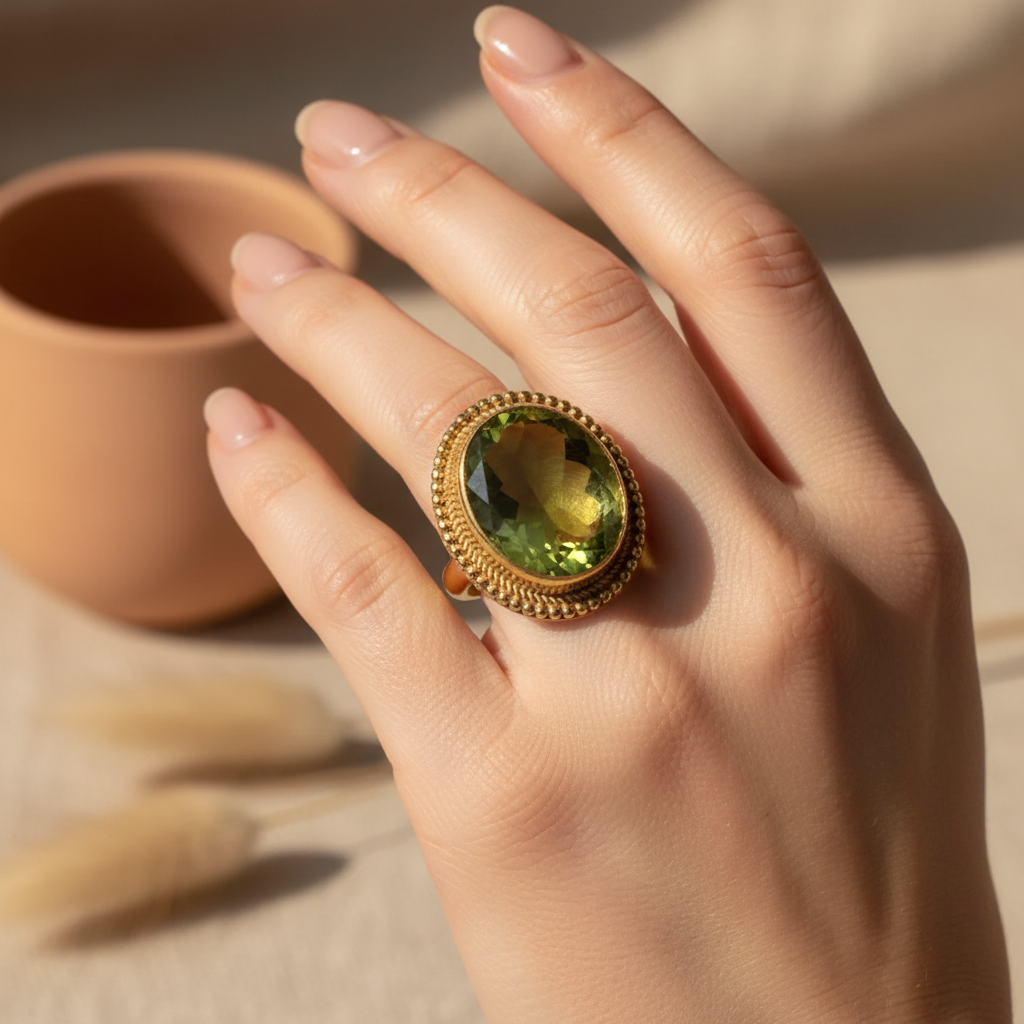 Vintage Inspired Green Large Stone Ring in Round Alloy Setting