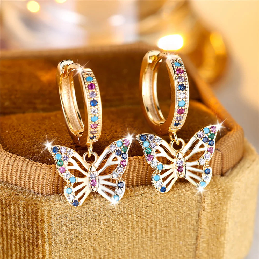 Colorful Butterfly Hoop Earrings in Gold Plated Copper with Zircons