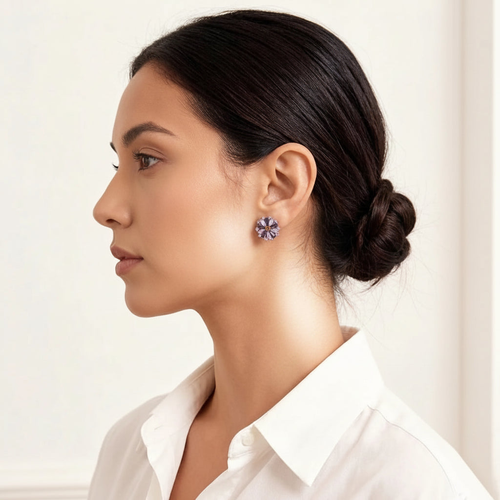 Rhodium Plated Purple Zircon Flower Earrings In 925 Sterling Silver