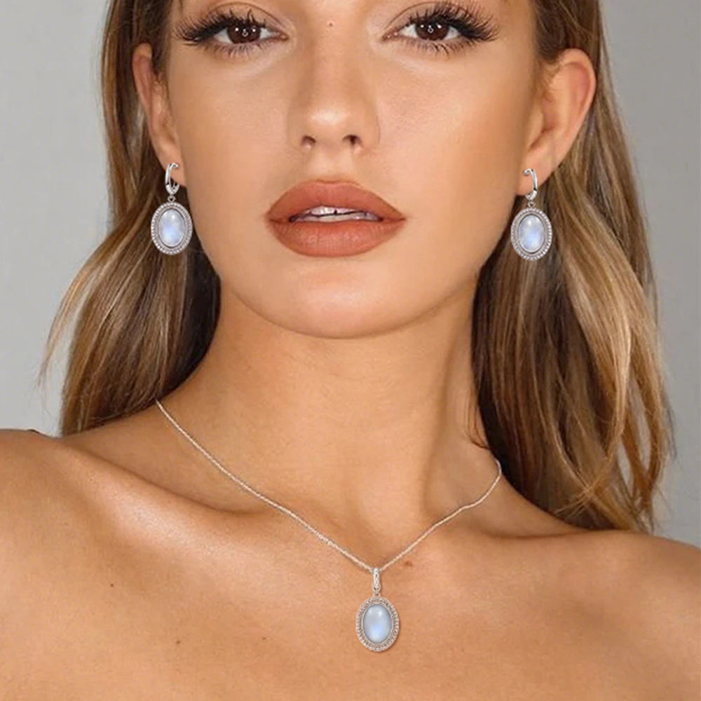 925 Sterling Silver Natural Moonstone Pendant & Earrings Set