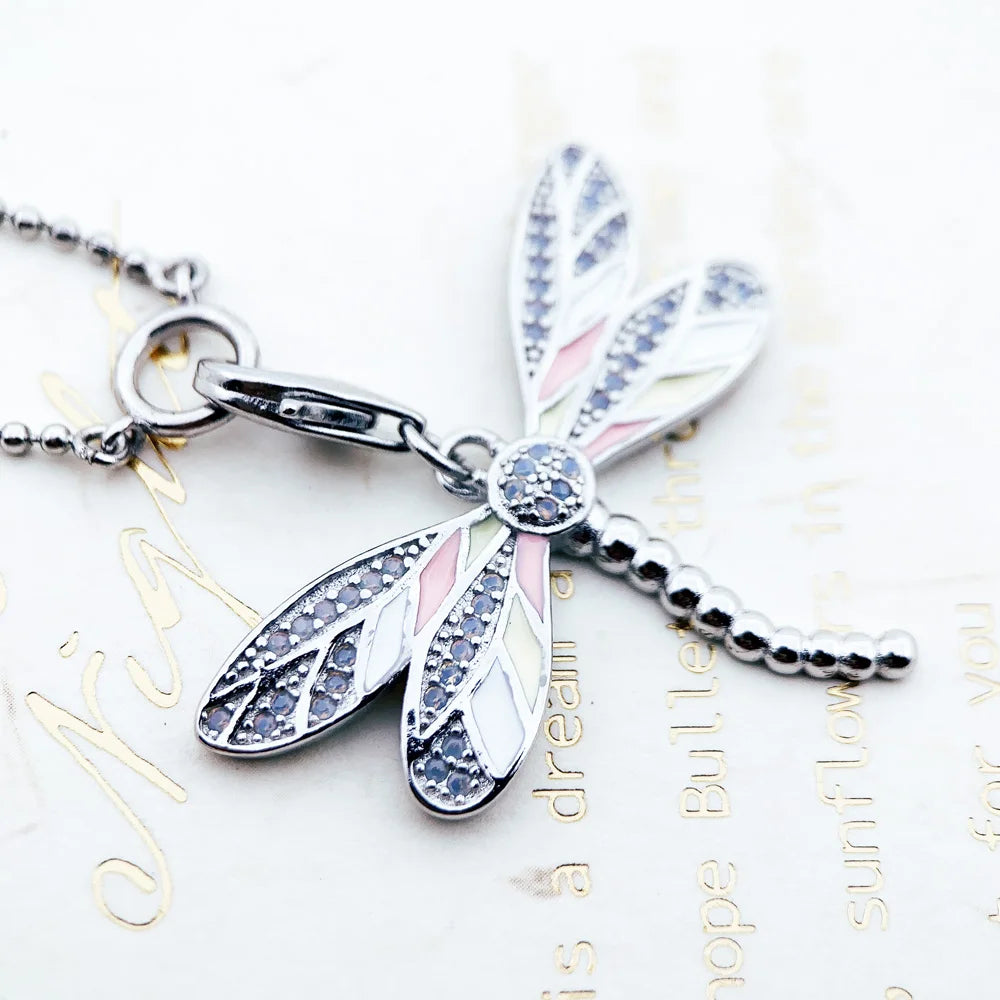 Pink Dragonfly Pendant Necklace in 925 Sterling Silver with Zircon Stones