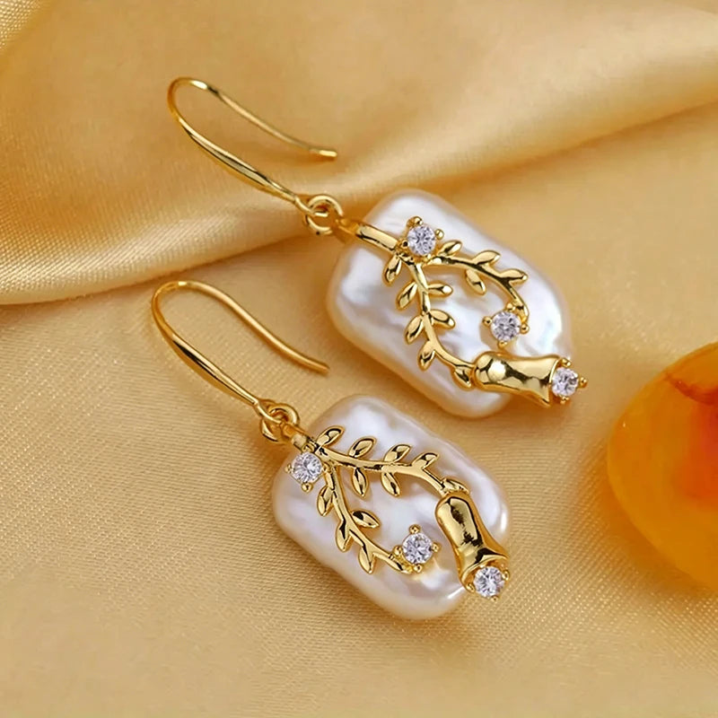 Gold Tone Copper Earrings with Faux Pearls & Zircons