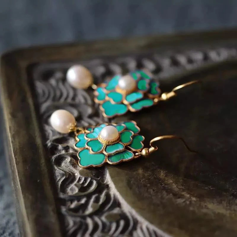 Vintage Gold-Plated Cloisonne Enamel Porcelain Green Flower Drop Earrings