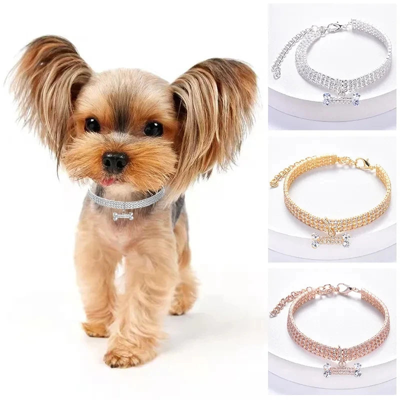 Adjustable Pet Necklace with Rhinestones & Bone Copper Pendant