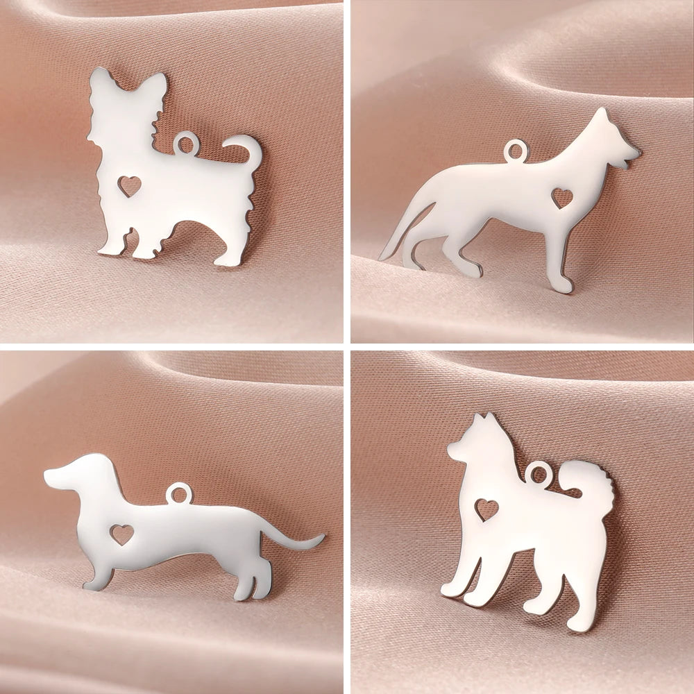 Covered Stainless Steel Dog & Wolf Charms with Cutout Hearts - For Bracelets & Necklaces