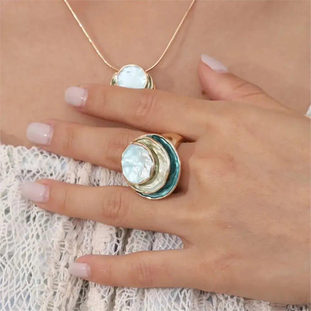 14K Gold Plated Cocktail Ring - Bohemian Three-Layer Circular Blue Bold