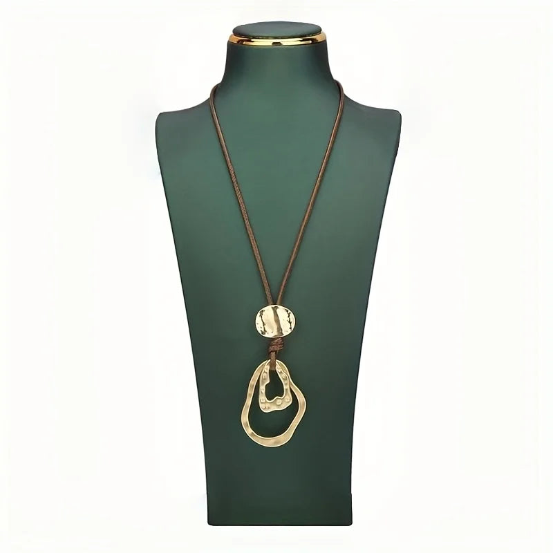 Long Geometric Edge Pendant Alloy Leather Rope Necklace