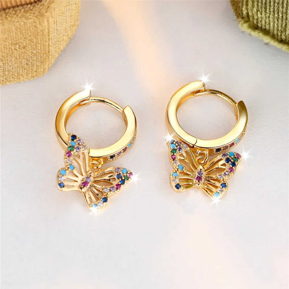Colorful Butterfly Hoop Earrings in Gold Plated Copper with Zircons