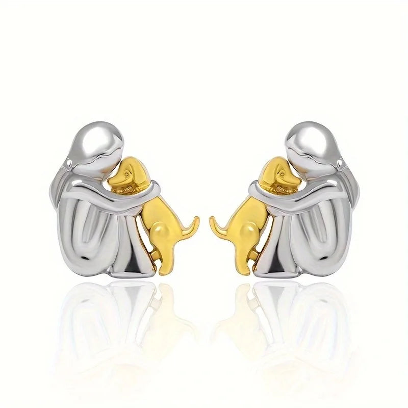 Two Tone Girl & Dog Hug Jewelry Set: Necklace & Earrings, Zinc Alloy