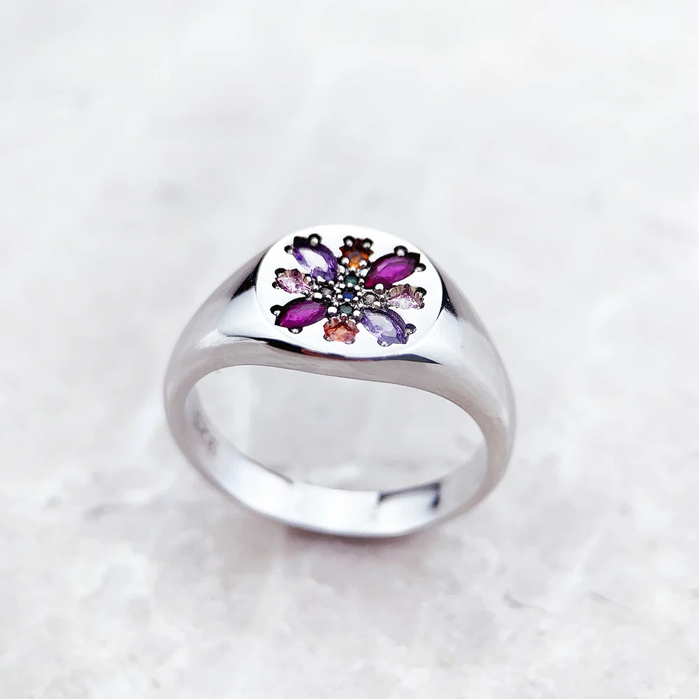 Flower Stamp Band Ring in 925 Sterling Silver with Colorful Zircons