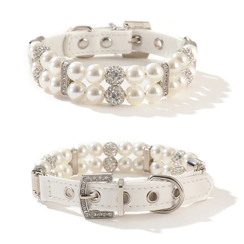 Fashionable Faux Pearl Crystals Adjustable Collar & Leash