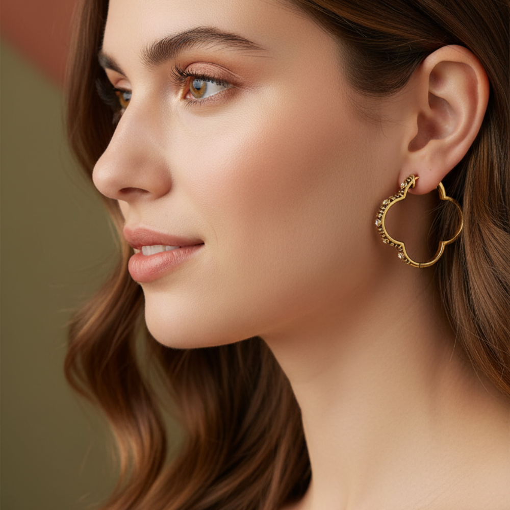 Clover Hoop Earrings with Cubic Zirconia & Antique Detail Design