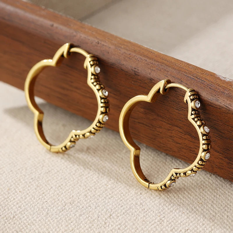 Clover Hoop Earrings with Cubic Zirconia & Antique Detail Design