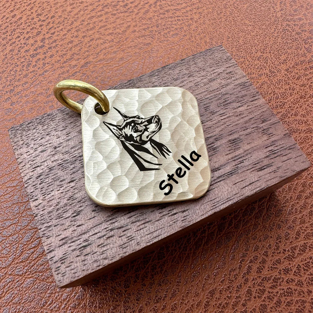 Hand Hammered Square Brass Dogs ID Name Tag Customizable Engravable