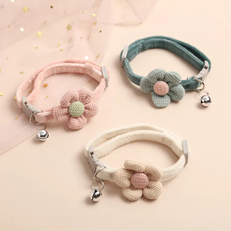 Pet Comfy Cotton Necklace with Cute Flower, Bell & Adjustable Buckle