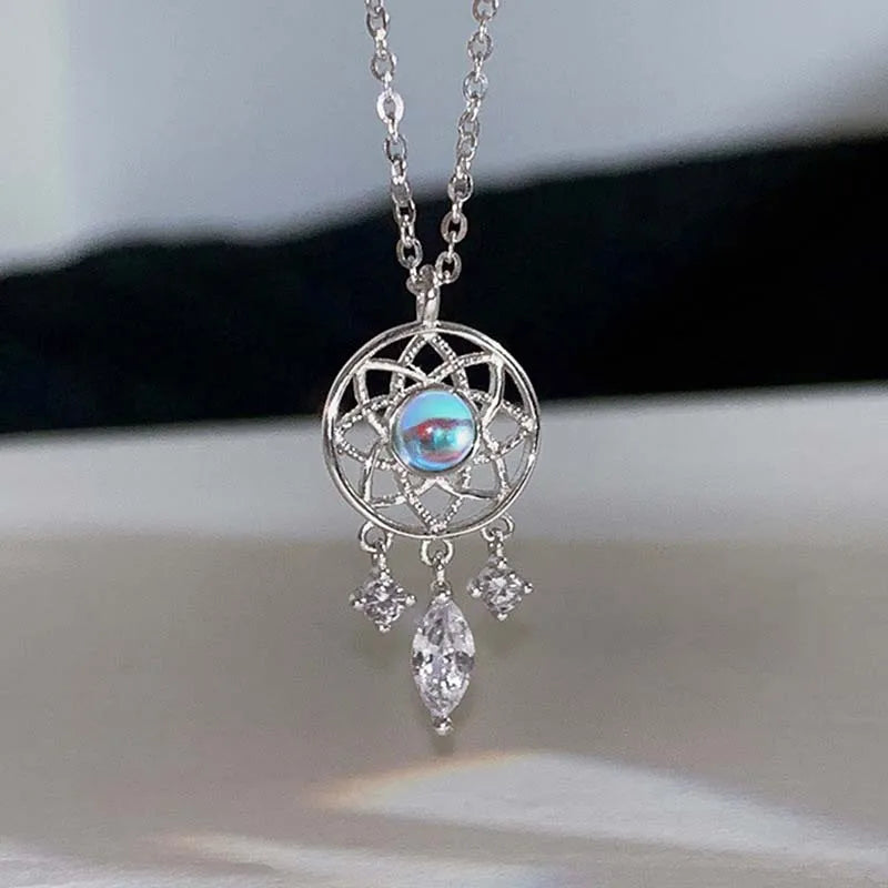 Delicate Dream Catcher Blue Zircon Pendant Zinc Alloy Necklace